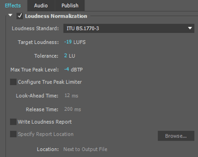Używam tych ustawień normalizacji głośności podczas eksportowania mojego pliku audio w Adobe Premiere.