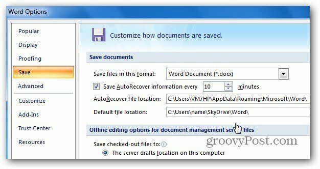 Office 2007 SkyDrive Zapisz lokalizację