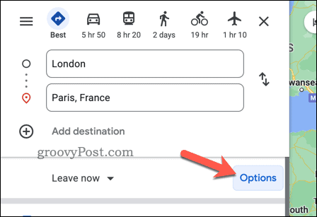 Otwórz opcje wskazówek dojazdu w Mapach Google