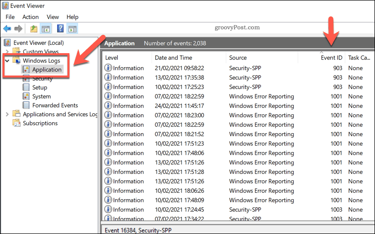 Lista dzienników aplikacji systemu Windows w Podglądzie zdarzeń