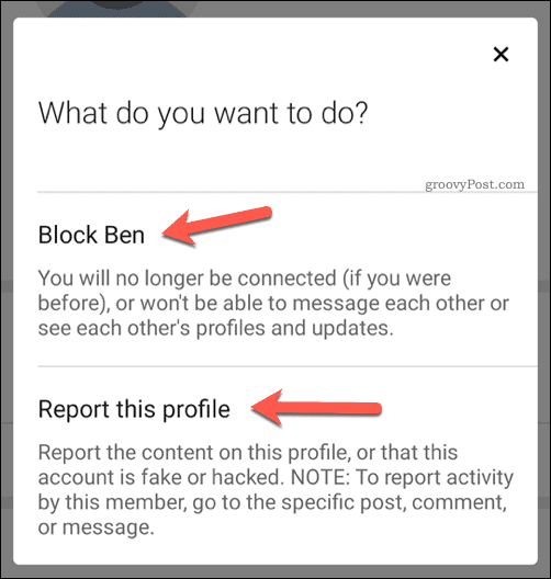 Decydowanie się na zablokowanie lub zgłoszenie użytkownika na LinkedIn