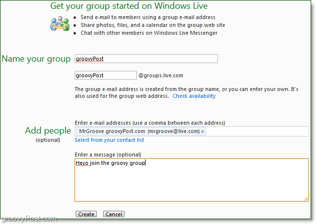 Utwórz grupę Windows Live