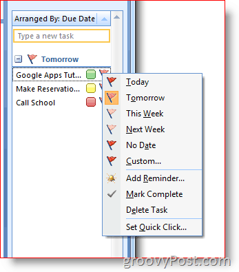 Pasek zadań do wykonania programu Outlook 2007 — flaga prawego przycisku myszy w menu opcji