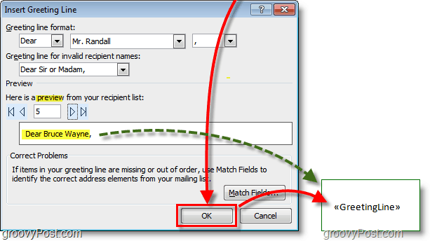 Zrzut ekranu programu Outlook 2010 - pozostaw domyślne opcje linii powitania i kliknij OK, wyświetlony zostanie również podgląd