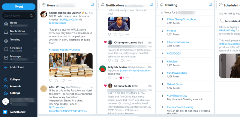 zrzut ekranu TweetDeck pokazujący narzędzia do planowania i odsłuchu społecznościowego