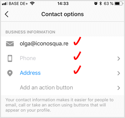 dodaj informacje kontaktowe dla konta biznesowego na Instagramie