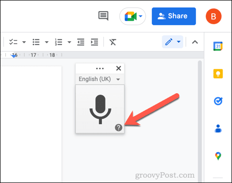 Przycisk pomocy dotyczący pisania głosowego w Dokumentach Google