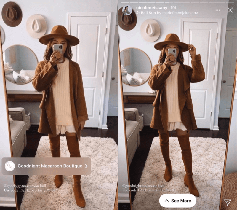 post na Instagramie i post z historiami na Instagramie od @nicoleneissany promujący @goodnightmacroon i niektóre z ich jesiennej mody