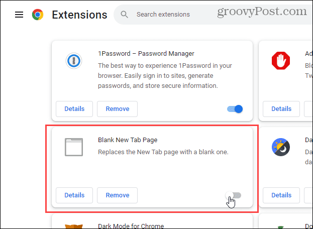 Wyłącz rozszerzenie pustej strony nowej karty w przeglądarce Chrome
