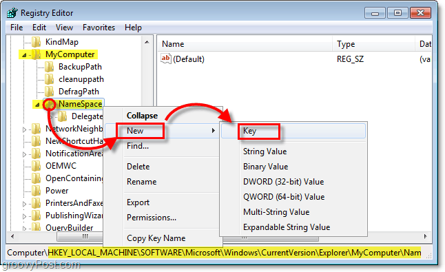 dodaj nowy podklucz do klucza NameSpace w Windows 7