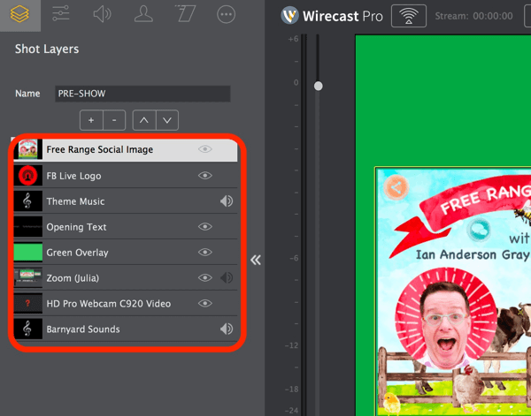 Skonfiguruj warstwy ujęć dla swojego programu Facebook Live w Wirecast.