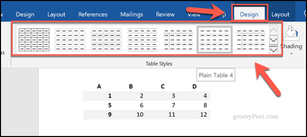 Wybieranie stylów tabel w programie Word