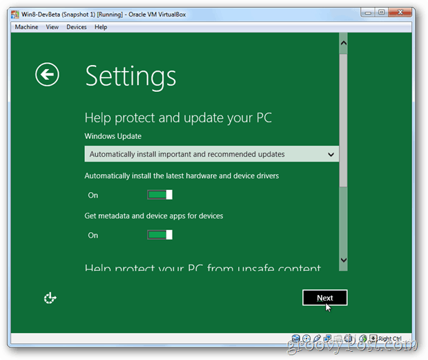 Ustawienia i aktualizacja VirtualBox Windows 8
