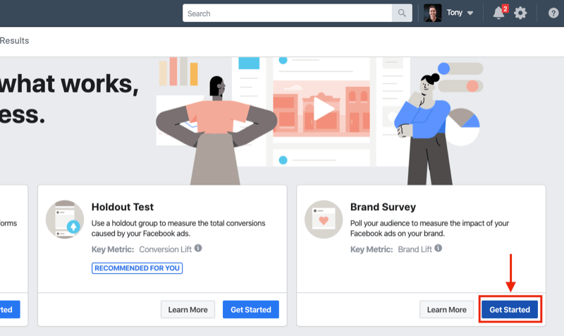 Przycisk Rozpocznij do badania marki w eksperymentach na Facebooku