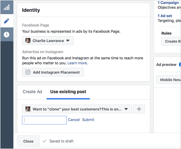 Wybierz opcję Użyj istniejącego posta i wprowadź identyfikator posta na Facebooku.