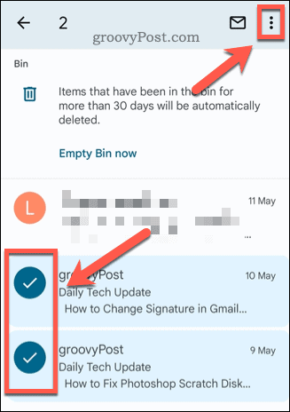 Wybieranie e-maili w folderze kosza Gmaila