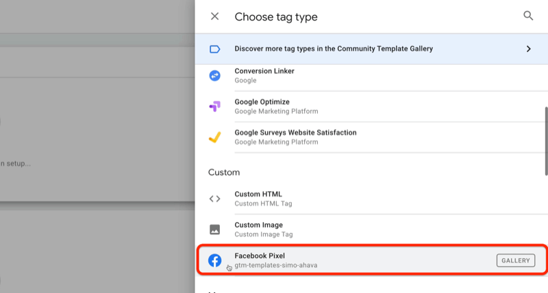 przykładowy menedżer tagów google nowy tag z menu wyboru typu tagu i podświetloną opcją pikseli Facebooka w sekcji niestandardowej