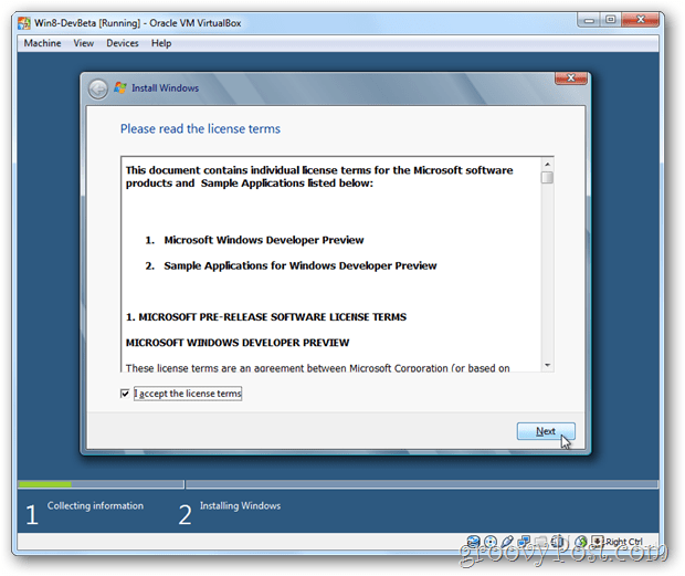 VirtualBox Windows 8 eula akceptuje licencję