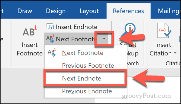Przycisk Następny przypis końcowy w programie Word