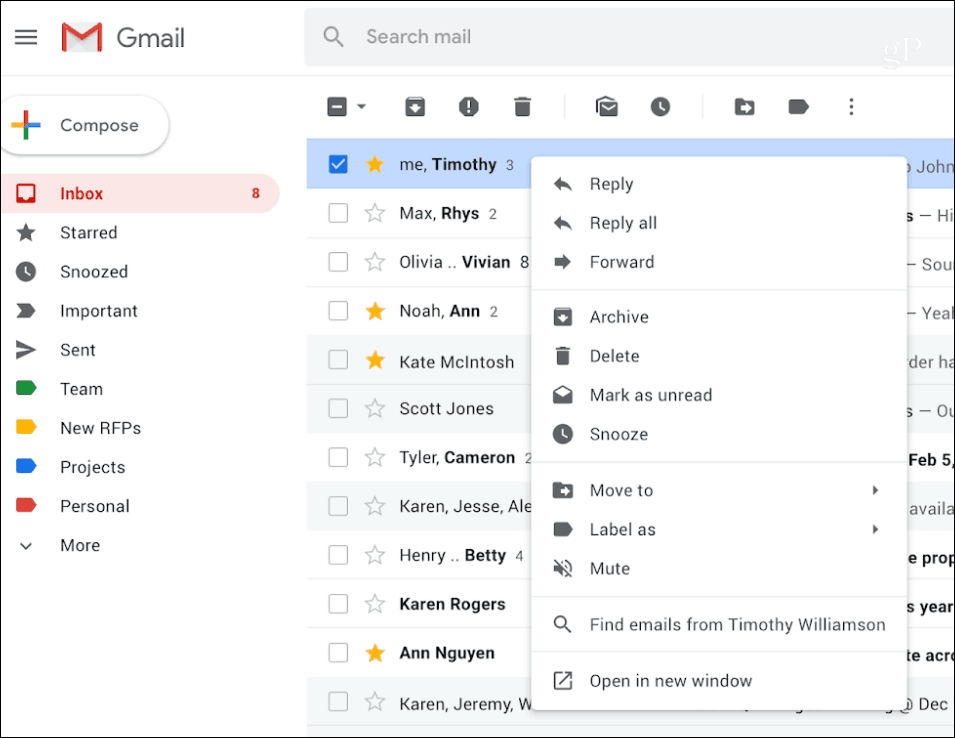 Gmail Kliknij menu kontekstowe