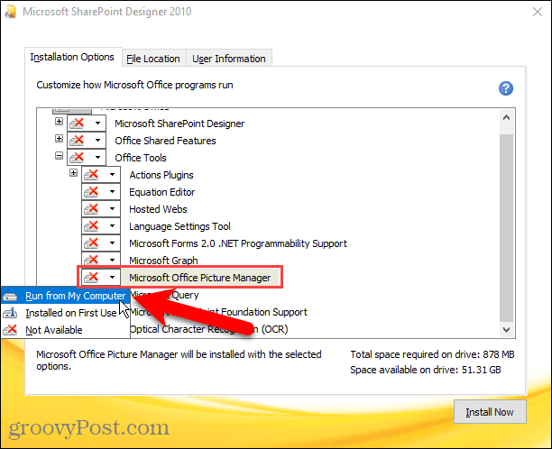 Włącz opcję Uruchom z mojego komputera dla programu Microsoft Office Picture Manager w instalacji programu Sharepoint Designer