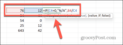 formuła podziału programu Excel z wybranymi komórkami