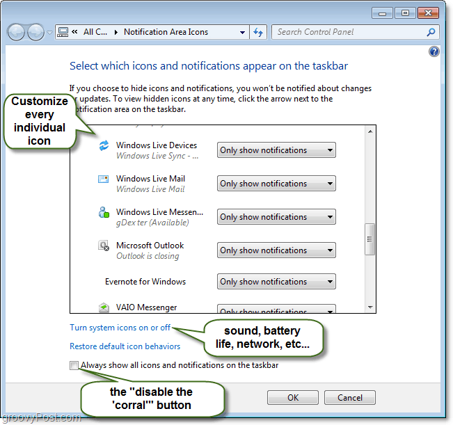 dostosuj panel sterowania powiadomień na pasku zadań systemu Windows 7