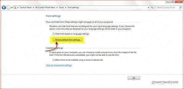 Przywróć czcionki systemu Windows 7 do ustawień domyślnych