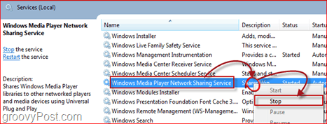 Zatrzymywanie usługi udostępniania sieci WMP