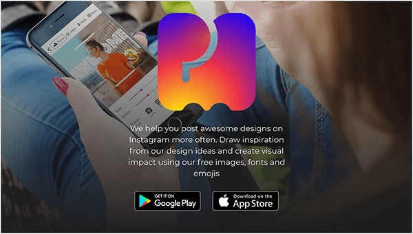 To jest zrzut ekranu witryny PostMuse. U góry pośrodku znajduje się duży obraz logo PostMuse, które jest ilustracją liter P i M wypełnionych zakrzywionym gradientem. Od góry do dołu gradient obejmuje fiolet, fuksję, czerwony, pomarańczowy i żółty. Pod logo znajduje się biały tekst: „Pomagamy Ci częściej publikować niesamowite projekty na Instagramie. Czerp inspirację z naszych pomysłów projektowych i twórz efekty wizualne, korzystając z naszych bezpłatnych obrazów, czcionek i emotikonów ”. Pod tekstem znajdują się przyciski, które łączą się ze sklepem Google Play i App Store. Obraz tła strony to zdjęcie białej osoby z czerwonymi wypielęgnowanymi paznokciami trzymającej smartfon i korzystającej z aplikacji PostMuse. Zdjęcie jest robione znad ramienia osoby, a głębia ostrości rozmywa włosy i szyję osoby, aby skupić się na telefonie. Nogi osoby są wyciągnięte przed nią i ma na sobie niebieskie dżinsy.