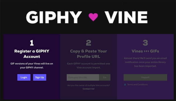 GIPHY wprowadził nowe narzędzie GIPHY ❤ Vine, które może konwertować wszystkie utworzone przez Ciebie Vines na pliki GIF, które można udostępniać.