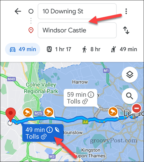 Wybierz miejsce docelowe i trasę w Mapach Google na urządzeniu mobilnym