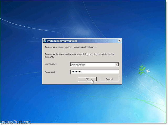 wprowadź swoją nazwę użytkownika i hasło do odzyskiwania systemu Windows 7