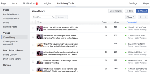 Możesz uzyskać dostęp do całej biblioteki wideo na Facebooku w Narzędziach do publikowania.