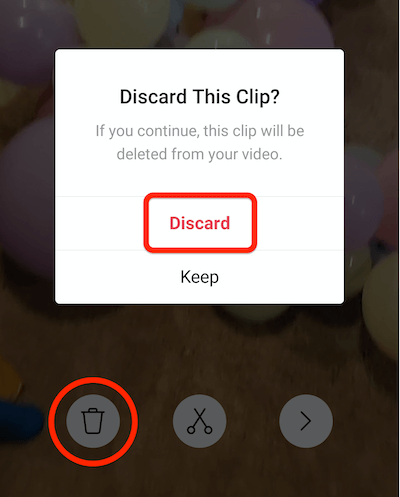 opcja menu kosza na śmieci, aby odrzucić klip z rolki Instagram