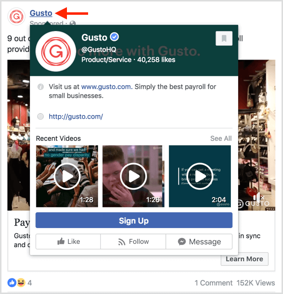 Użytkownicy widzą podgląd po najechaniu kursorem na stronę w reklamach na Facebooku.