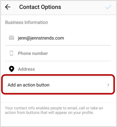 Dodaj opcję przycisku akcji na ekranie Opcje kontaktu na Instagramie
