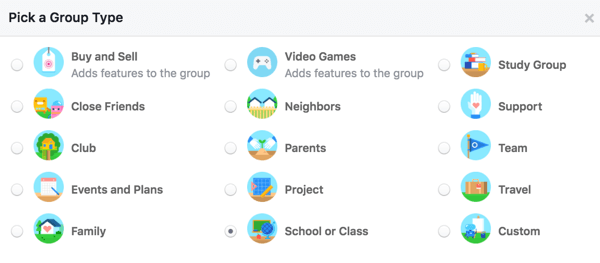 Wybierz typ grupy, aby poinformować użytkowników o swojej grupie.