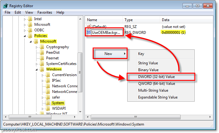 przejdź do klucza rejestru systemu Windows 7 HKEY_LOCAL_MACHINESOFTWAREPoliciesMicrosoftWindowsSystem