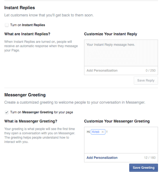 opcje błyskawicznych odpowiedzi i pozdrowień na Facebooku