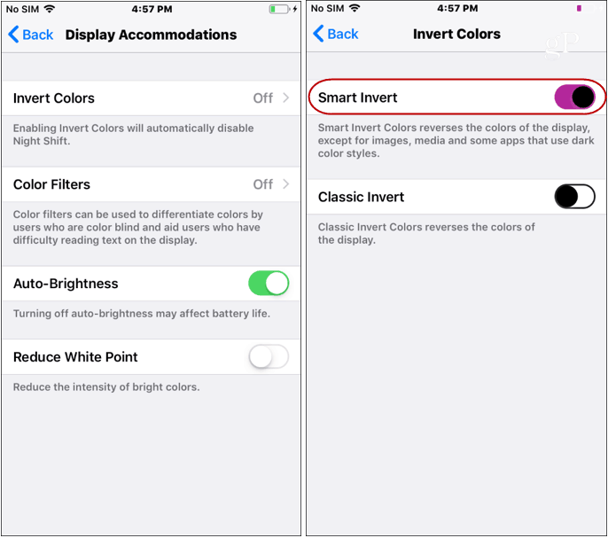Ustawienia trybu ciemnego iOS odwracają kolory