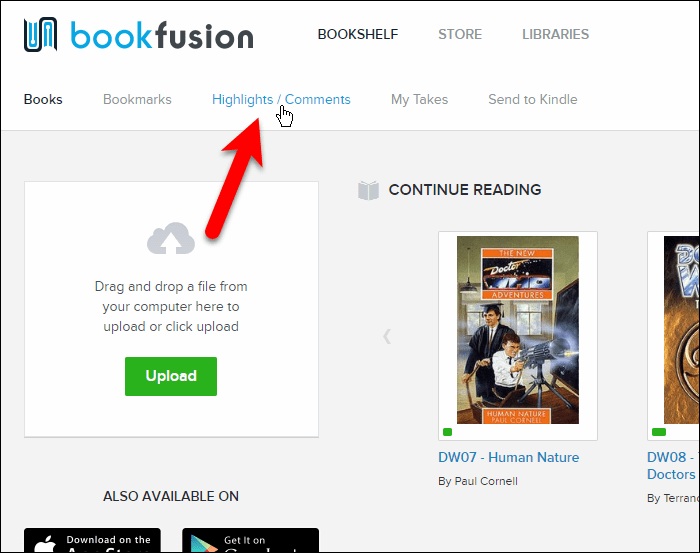 Kliknij Najważniejsze / komentarze w interfejsie internetowym BookFusion