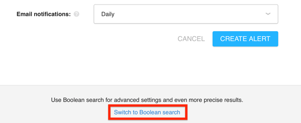 Kliknij przycisk Przełącz na wyszukiwanie boolowskie w Awario, aby uzyskać dostęp do funkcji wyszukiwania logicznego.
