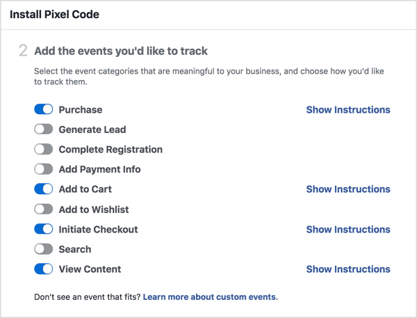 Wybierz wydarzenia, które chcesz śledzić za pomocą piksela Facebooka.