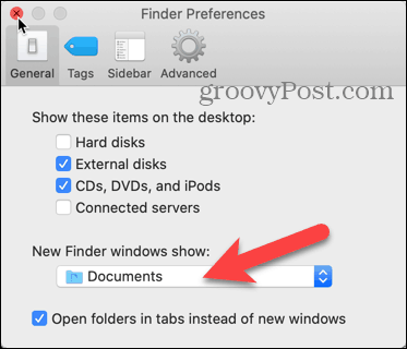 Kliknij listę rozwijaną nowego okna Findera w Preferencjach Findera na komputerze Mac