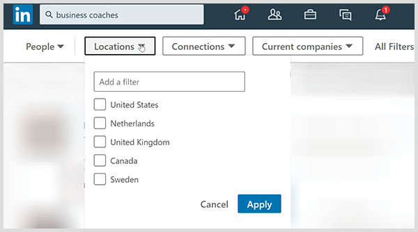 Strona wyników wyszukiwania LinkedIn zawiera filtry dla połączeń lokalizacji i firmy.