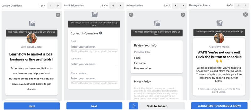 Reklamy potencjalnych klientów na Facebooku tworzą nową opcję formularza kontaktowego, aby wyświetlić podgląd ustawień i opcji formularza kontaktowego przed publikacją