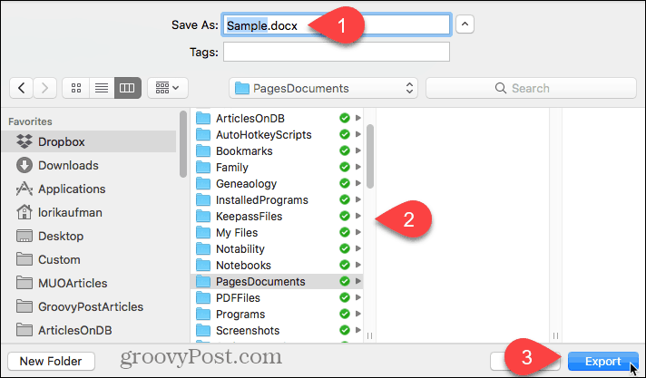 Wybierz lokalizację dla eksportowanego pliku i kliknij Eksportuj w Pages dla komputerów Mac