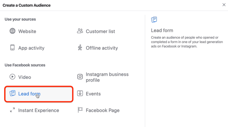 Opcja formularza kontaktowego dla niestandardowych odbiorców na Facebooku