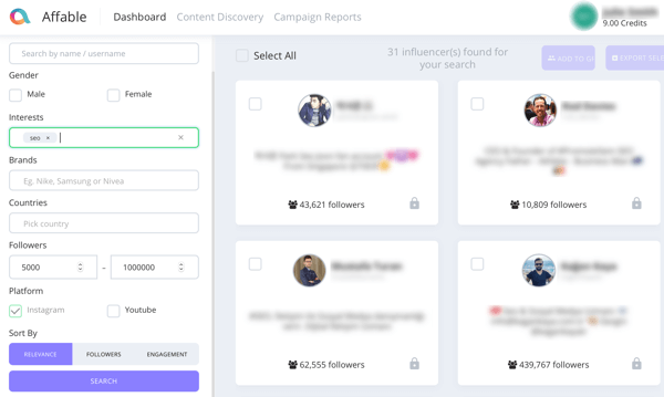 Przykładowe wyniki wyszukiwania influencerów w Affable.